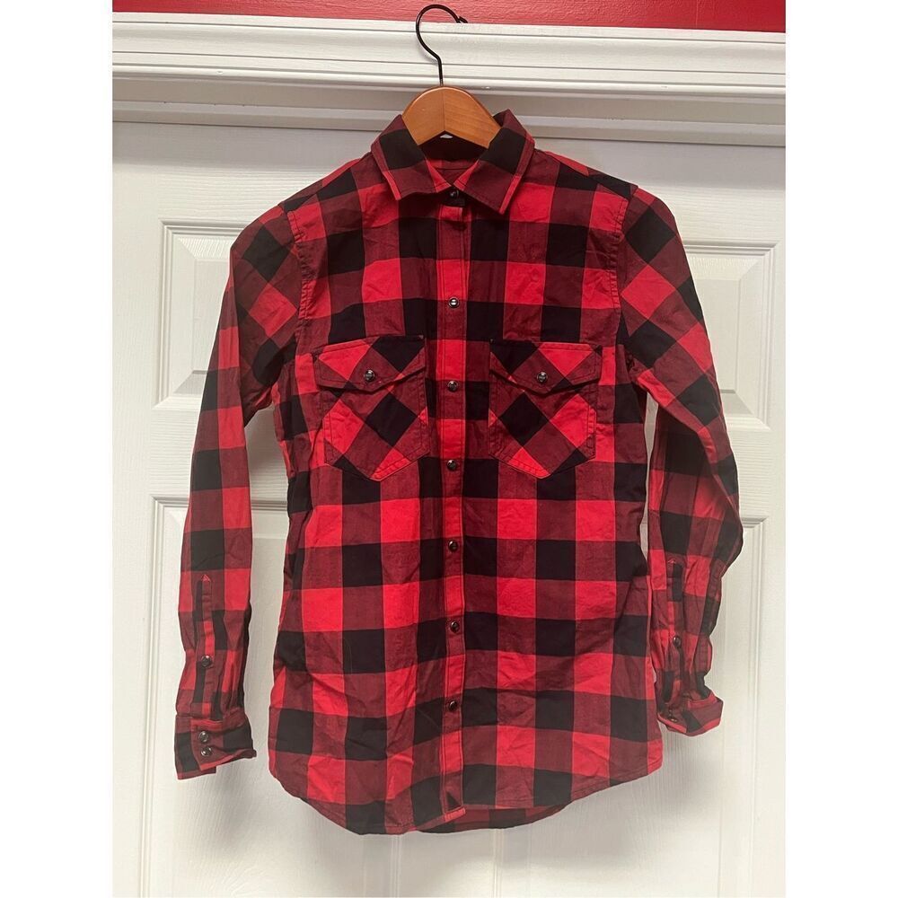 UNTUCKit Dylan Red & Black Buffalo Check Black Pearl Snap Button Down Shirt sz 0 - Picture 2 of 9